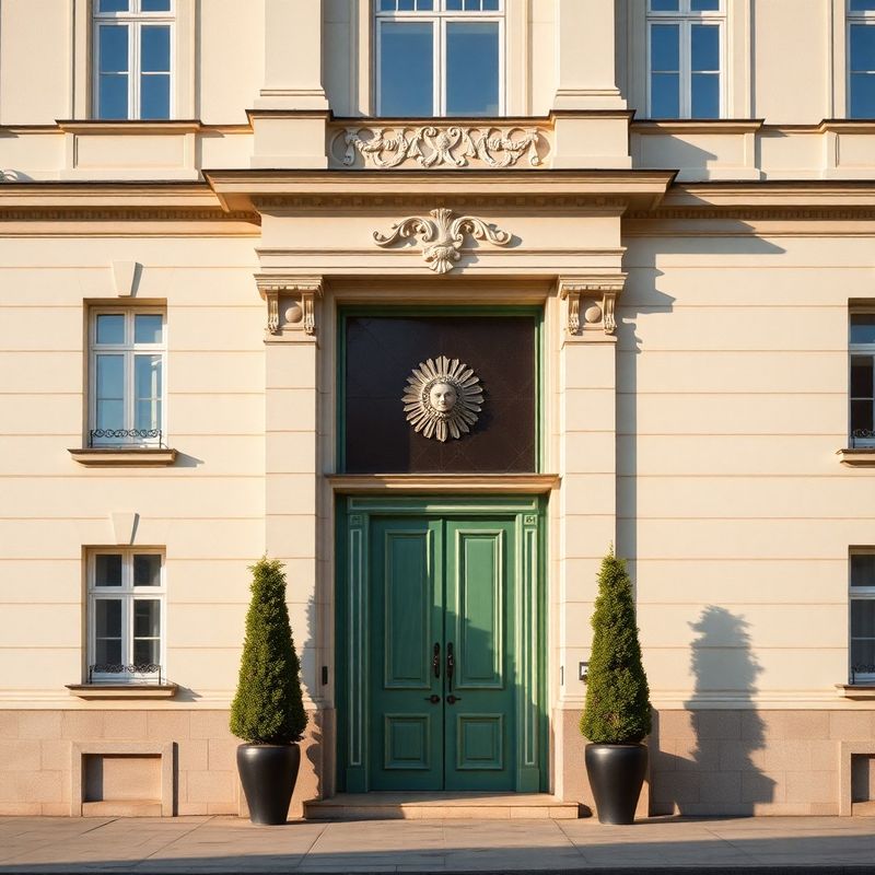 Neoclassical building facade in Banská Bystrica with a forest-green entrance door