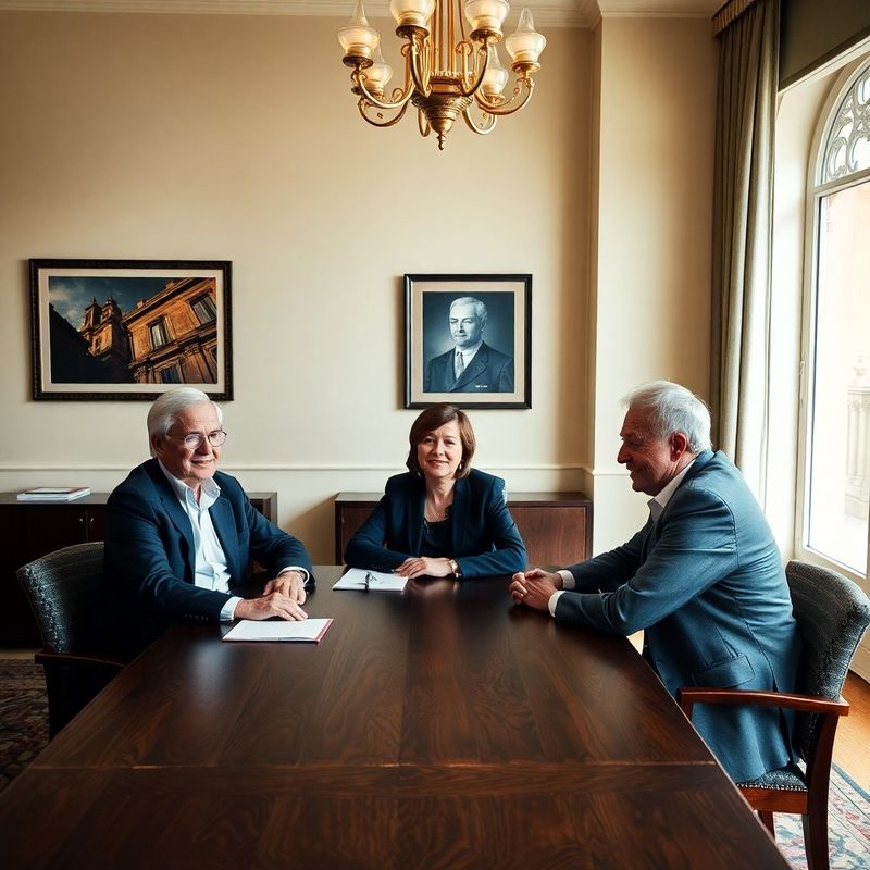 Three senior professionals in conversation around a dark oak table in a forest-cream office