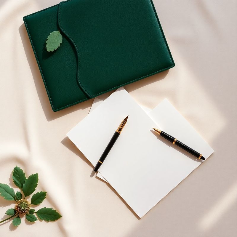 Fiduciary documents, fountain pen, and forest-green leather portfolio on cream linen
