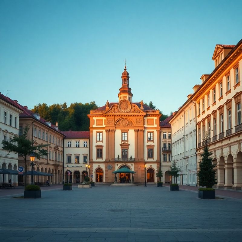 Banská Bystrica town square at golden hour with forest-green and cream tones