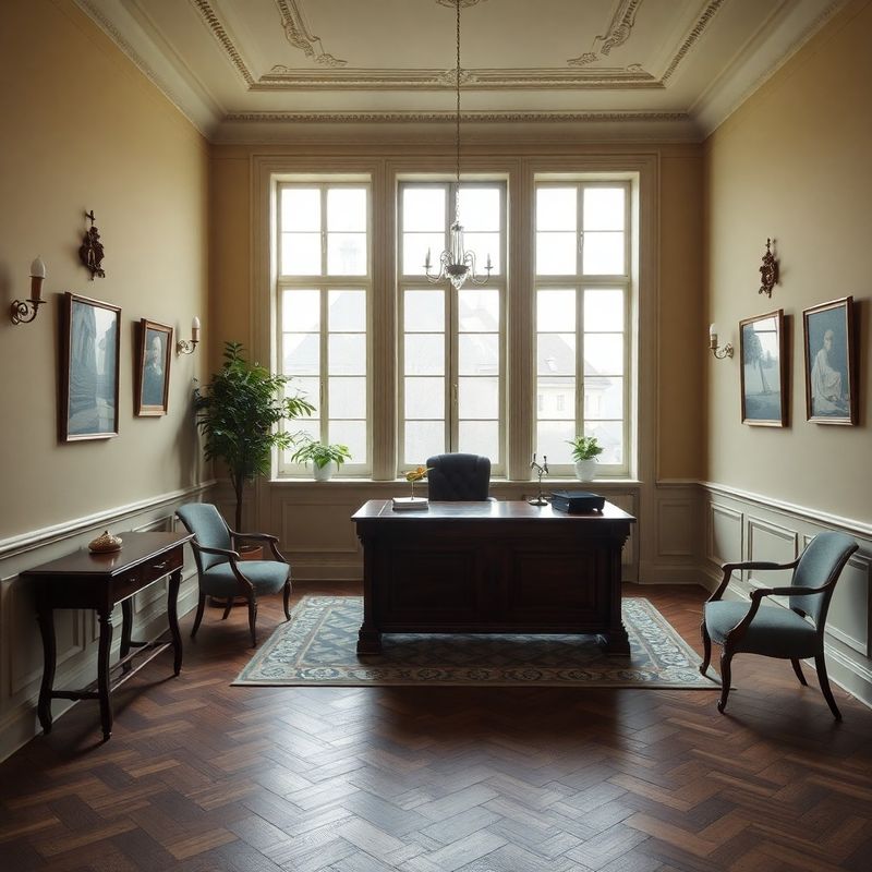 Quiet central-European advisory office with forest-cream walls and dark oak desk